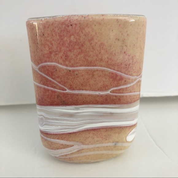 Gozo Glass MCM Flattened Cylinder Bud Vase Sand Pink Tan White Desert Hues 3.5” - Picture 3 of 10